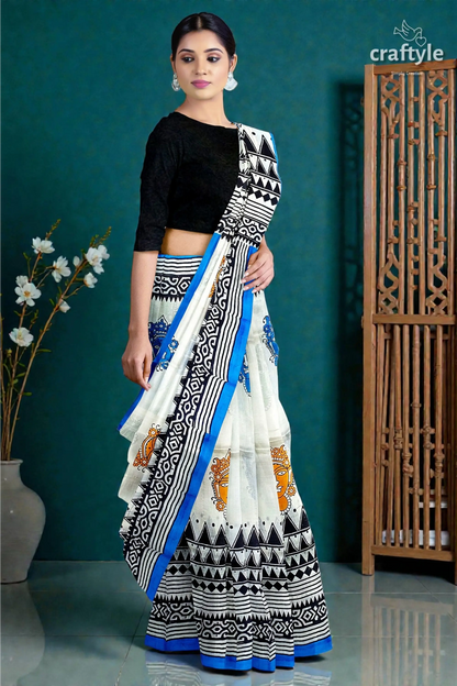 Hand block printed mulberry pure silk saree - goddess motif design 4