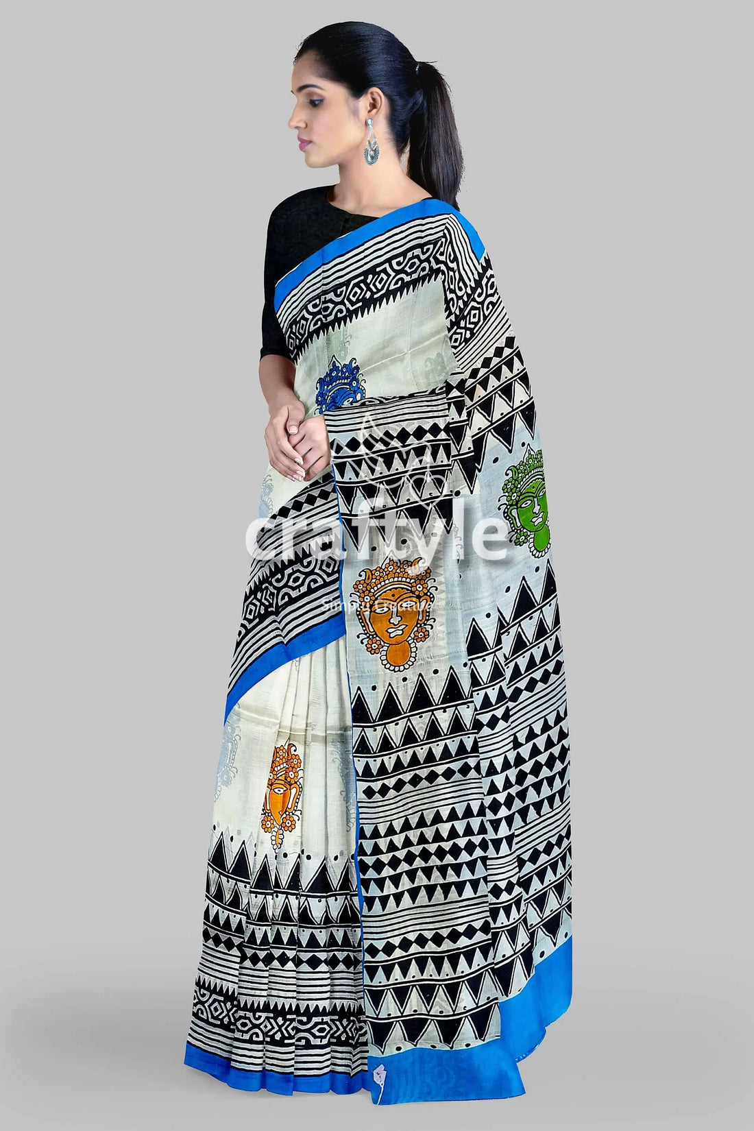 Hand block printed mulberry pure silk saree - goddess motif design woman white saree black blue 2