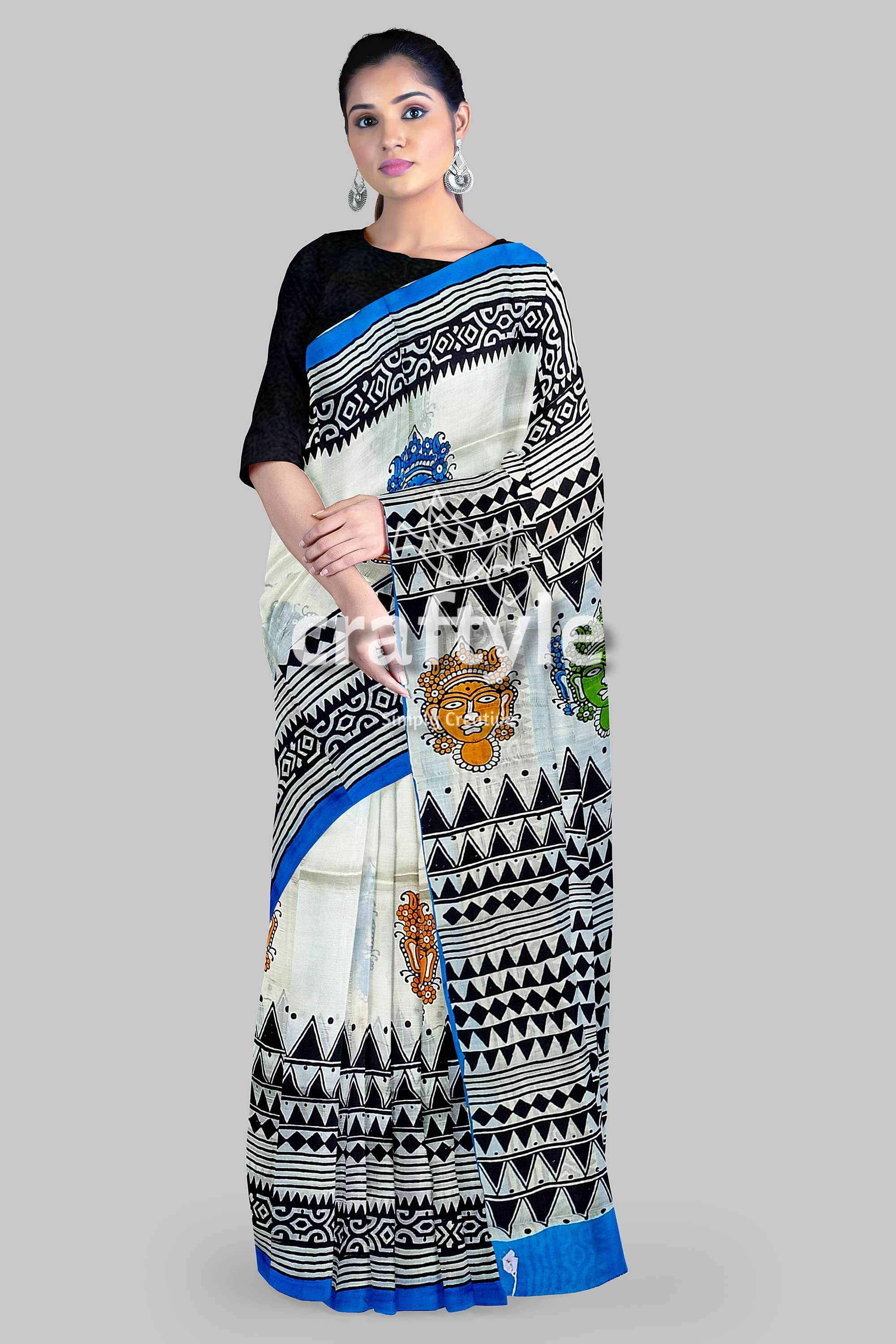 Hand Block Printed Mulberry Pure Silk Saree - Goddess Motif Design - Craftyle