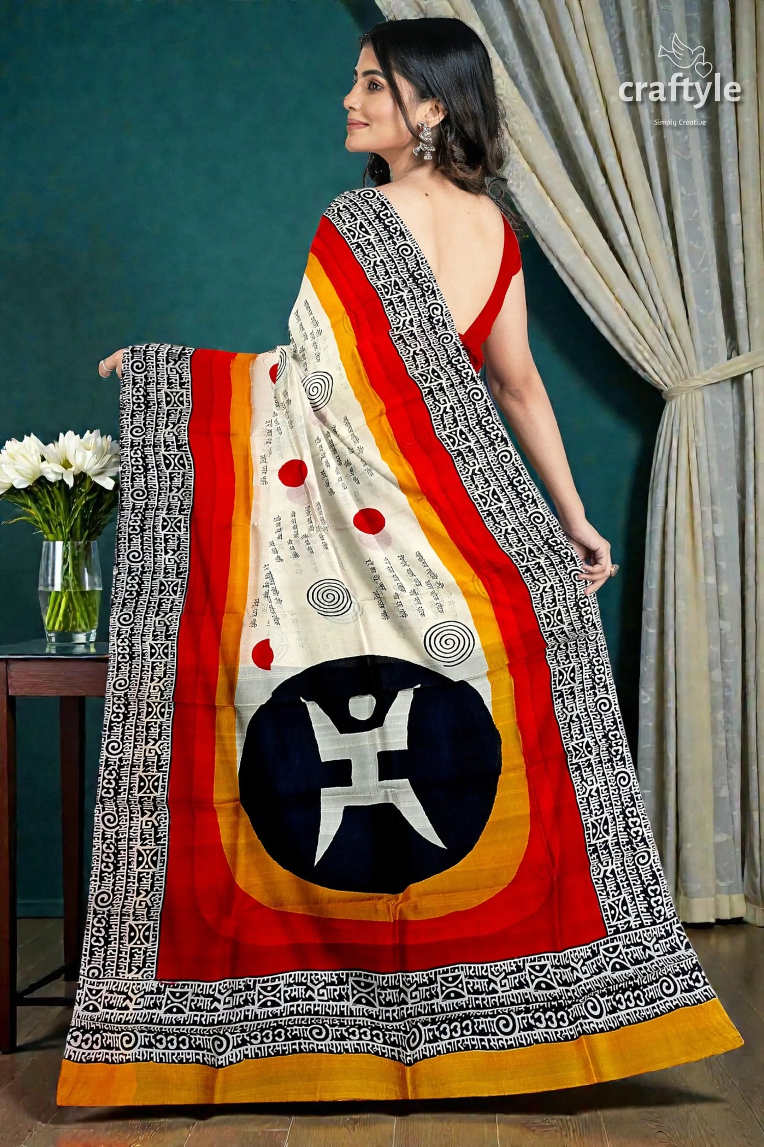 Hand block printed mulberry pure silk saree in red and black swastik design 6