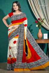Hand block printed mulberry pure silk saree in red and black swastik design 4