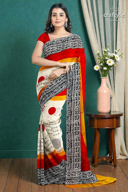 Hand block printed mulberry pure silk saree in red and black swastik design 5