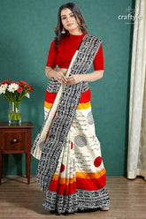 Hand block printed mulberry pure silk saree in red and black swastik design 2