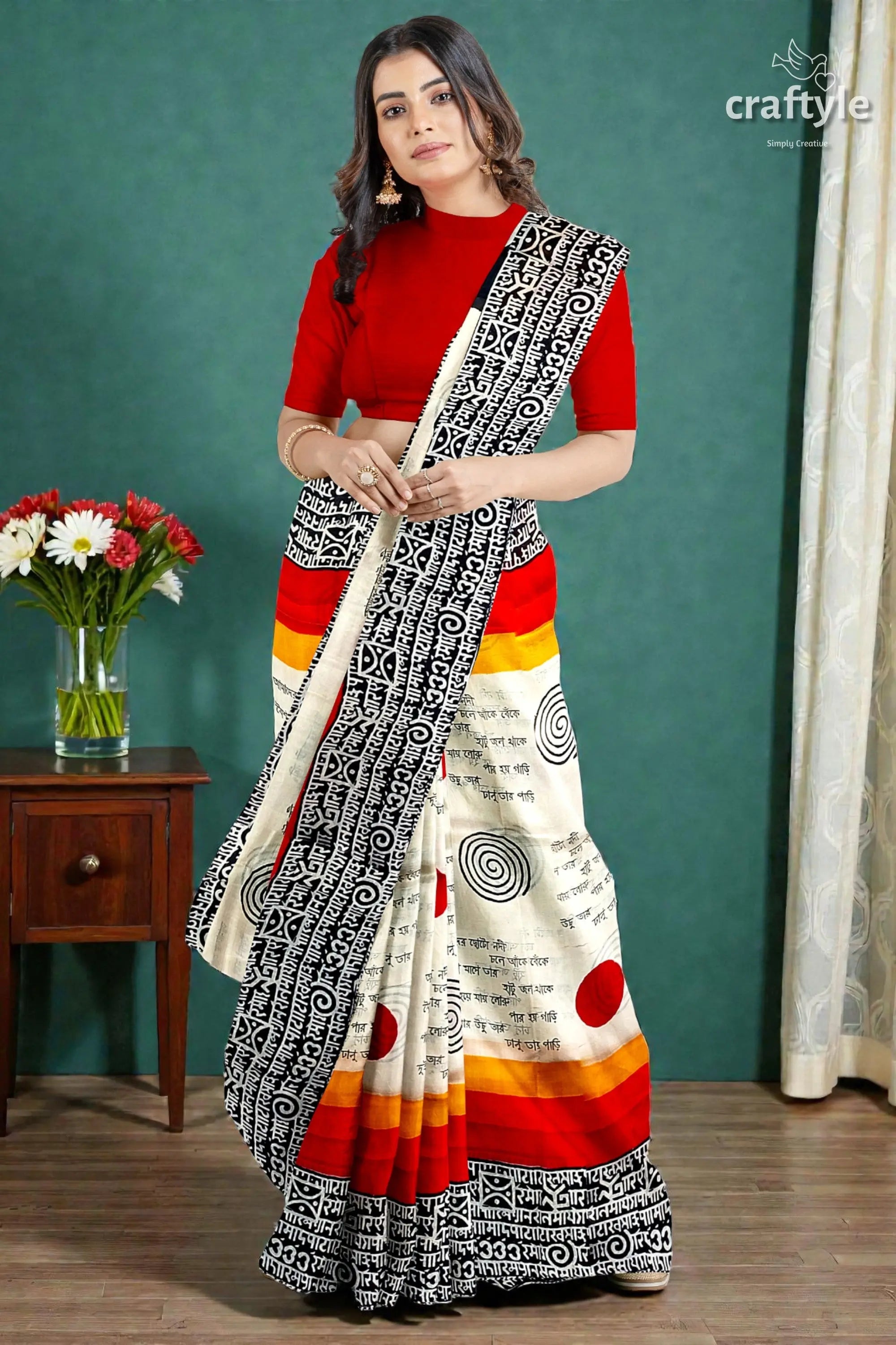 Hand block printed mulberry pure silk saree in red and black swastik design 2