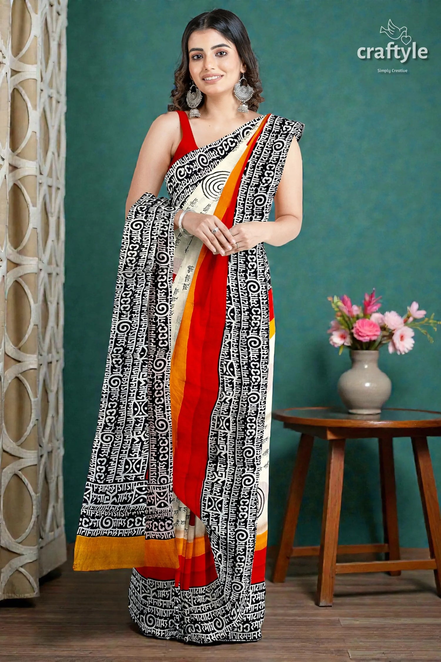 Hand block printed mulberry pure silk saree in red and black swastik design 1