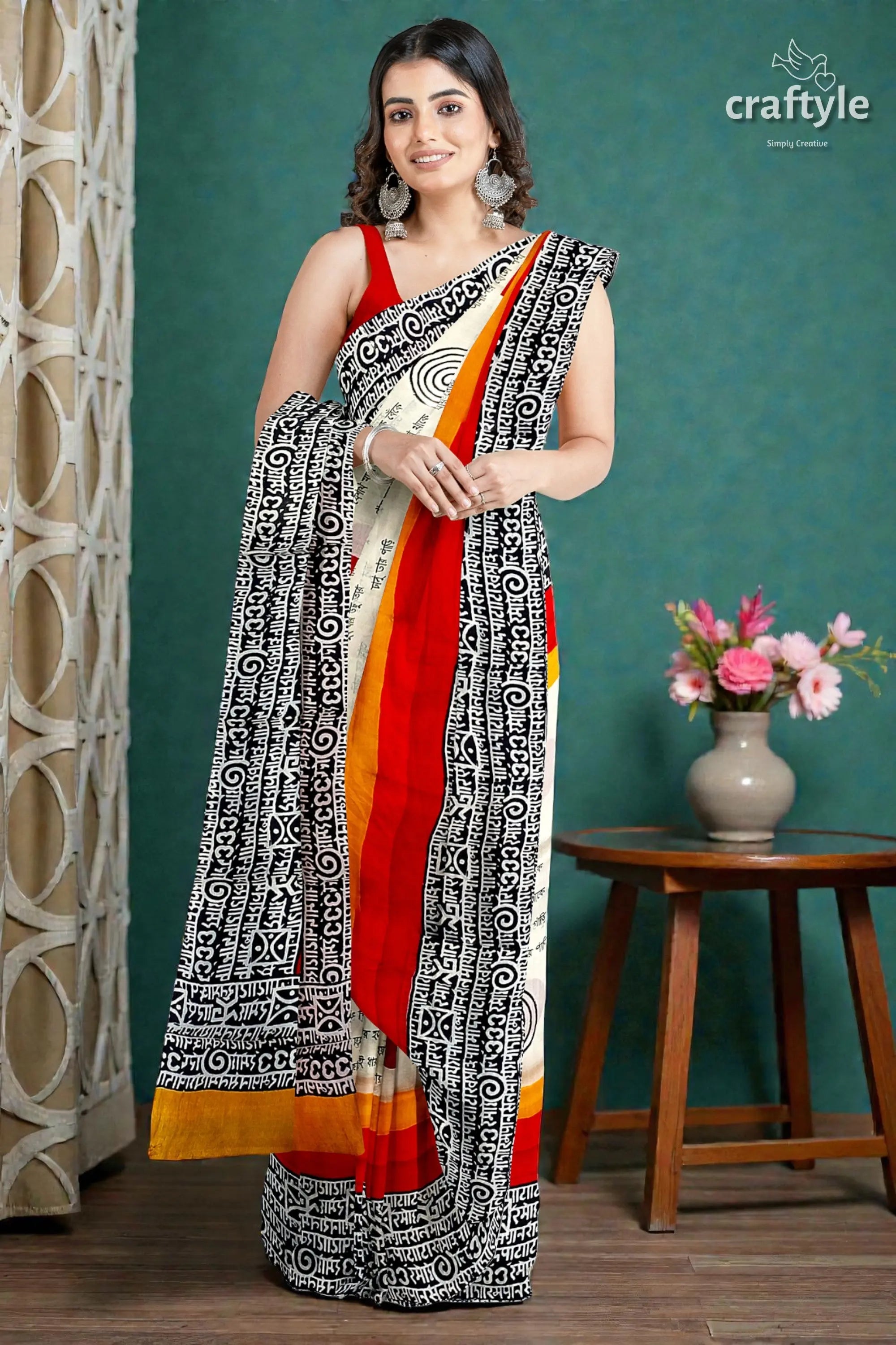 Hand block printed mulberry pure silk saree in red and black swastik design 1