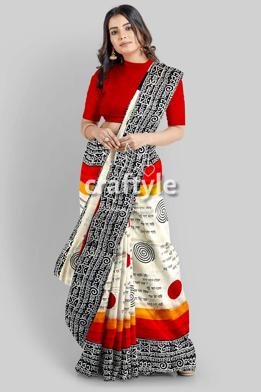 Hand Block Printed Mulberry Pure Silk Saree in Red and Black Swastik Design - Craftyle