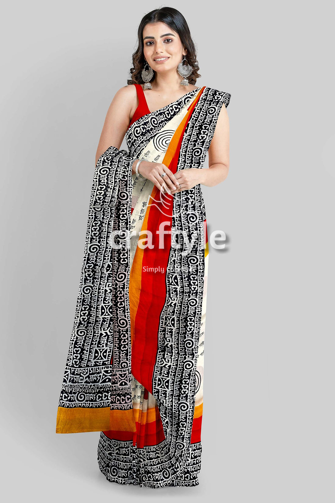 Hand Block Printed Mulberry Pure Silk Saree in Red and Black Swastik Design - Craftyle