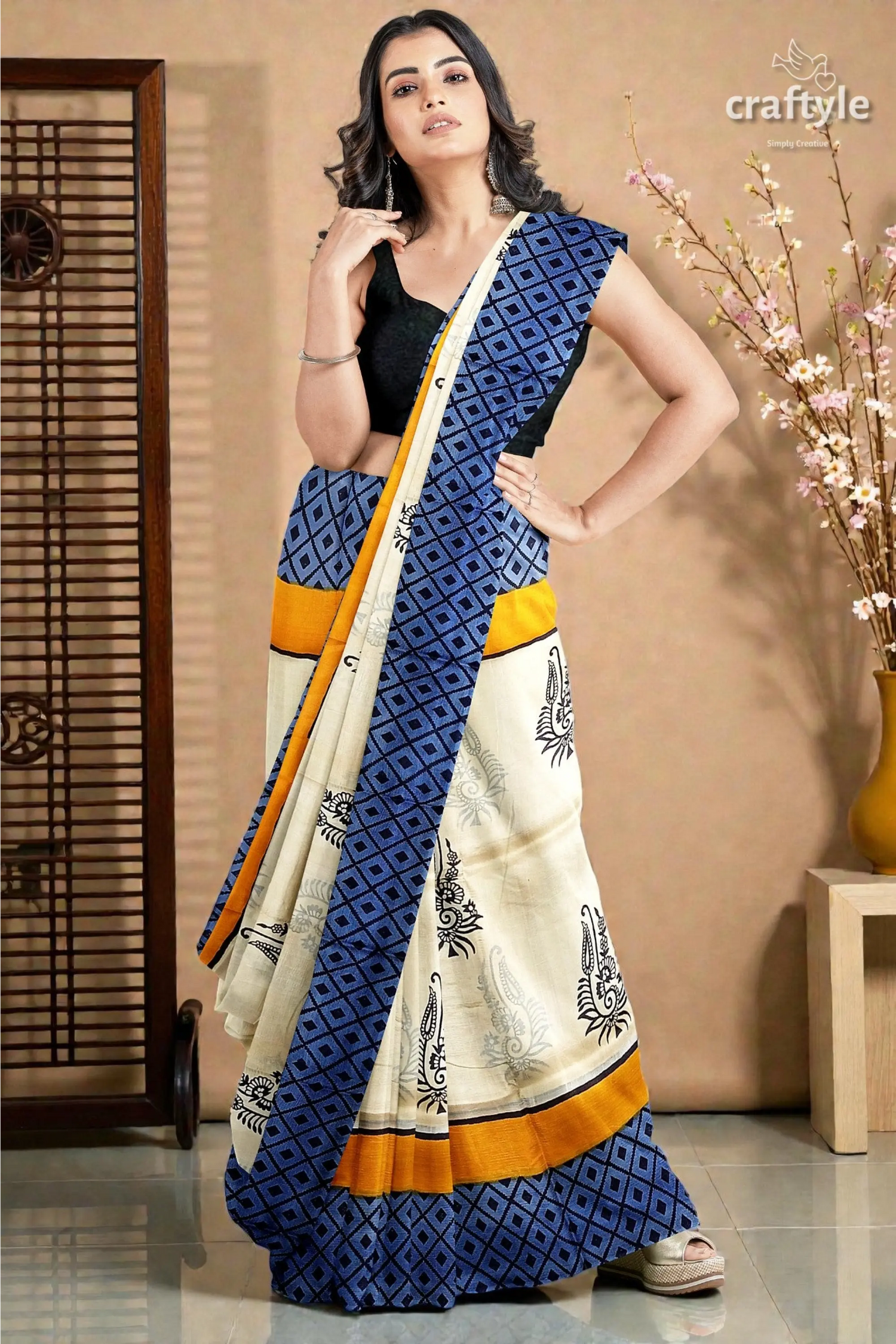 Hand block printed mulberry pure silk saree in white and stone blue 1