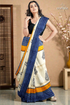 Hand block printed mulberry pure silk saree in white and stone blue 1