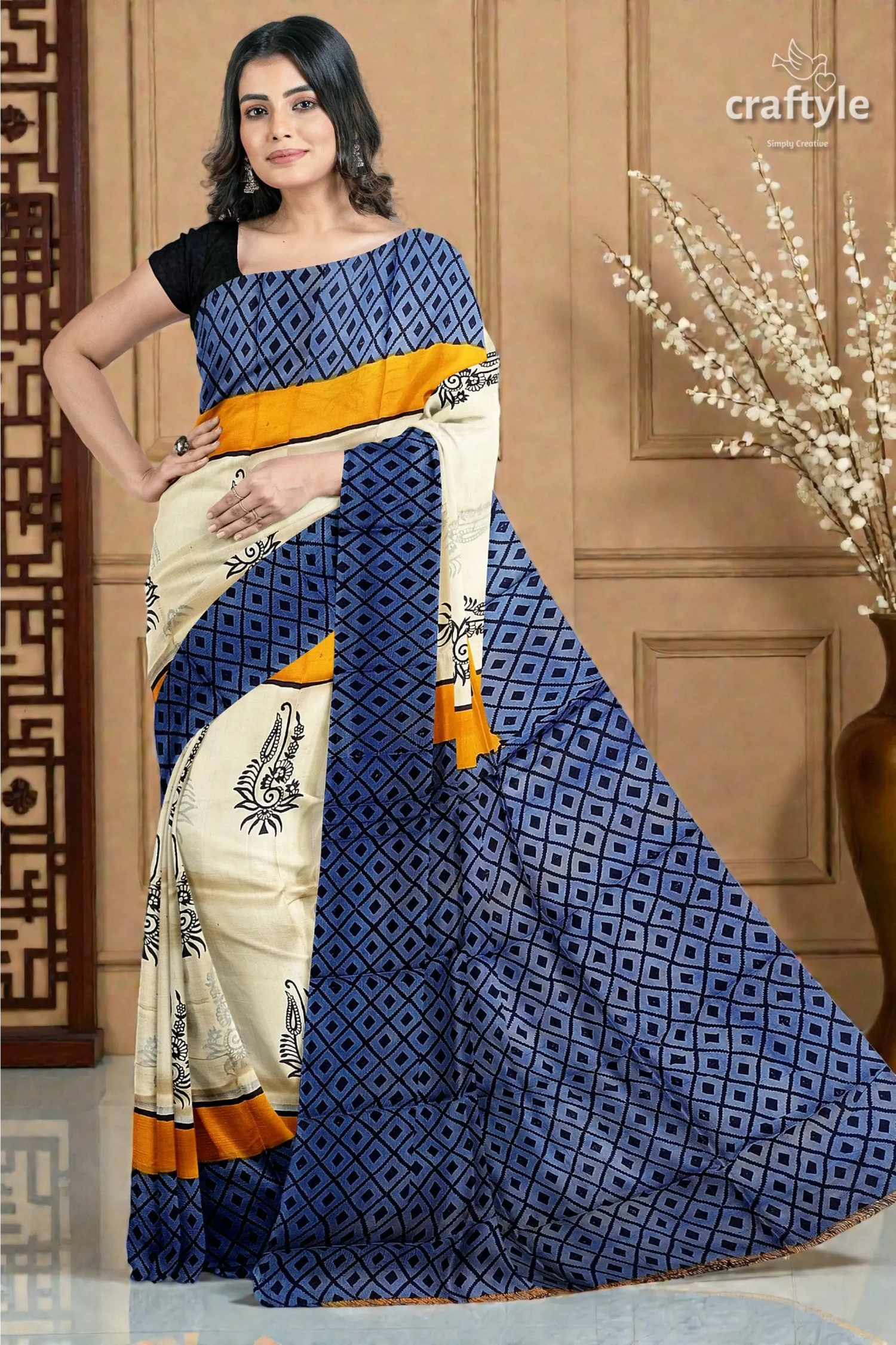 Hand block printed mulberry pure silk saree in white and stone blue 7