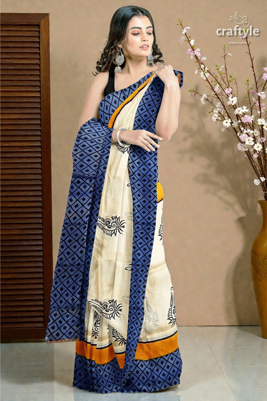Hand block printed mulberry pure silk saree in white and stone blue 2