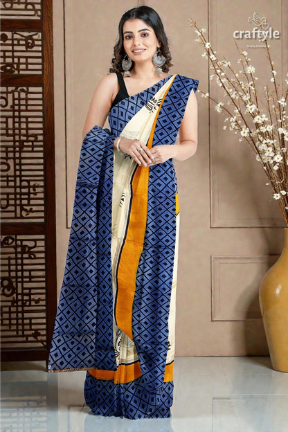 Hand block printed mulberry pure silk saree in white and stone blue 3