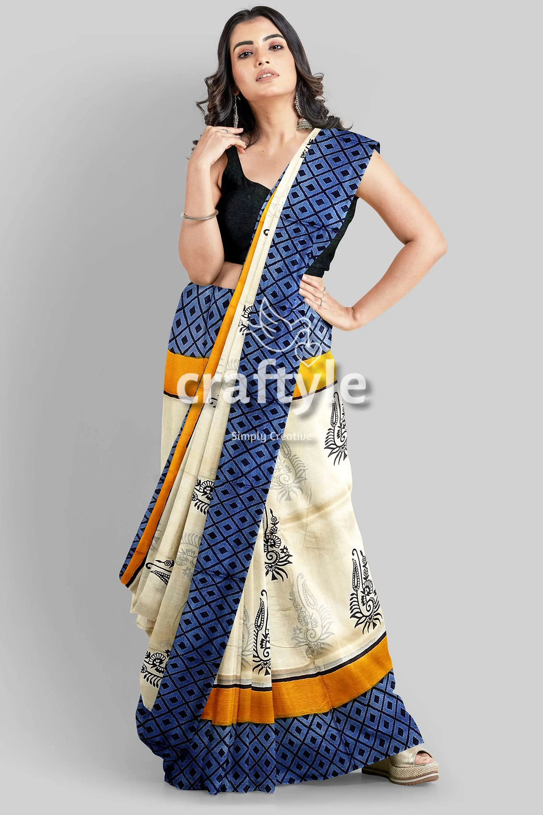 Hand block printed mulberry pure silk saree in white and stone blue woman patterned saree 2