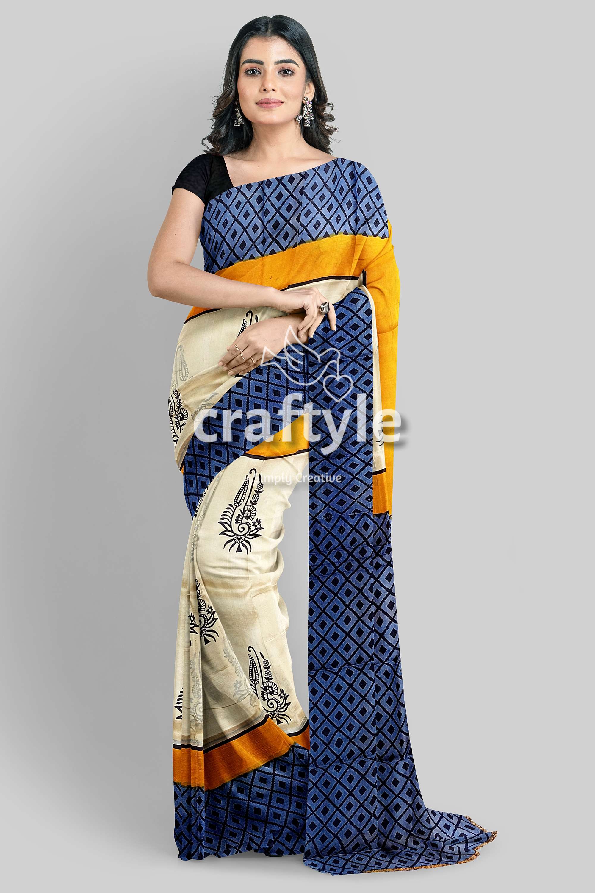 Hand Block Printed Mulberry Pure Silk Saree in White and Stone Blue - Craftyle
