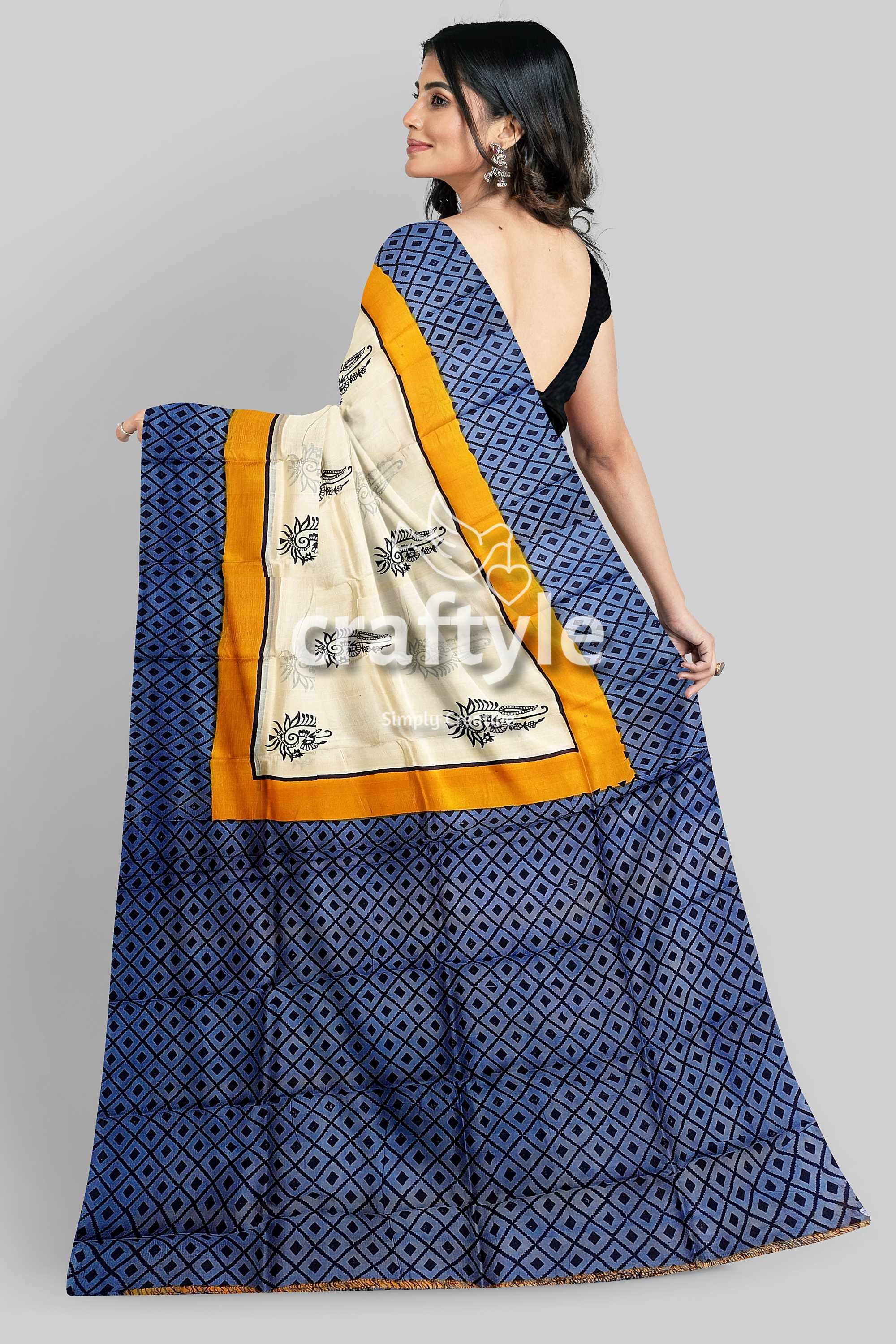 Hand Block Printed Mulberry Pure Silk Saree in White and Stone Blue - Craftyle