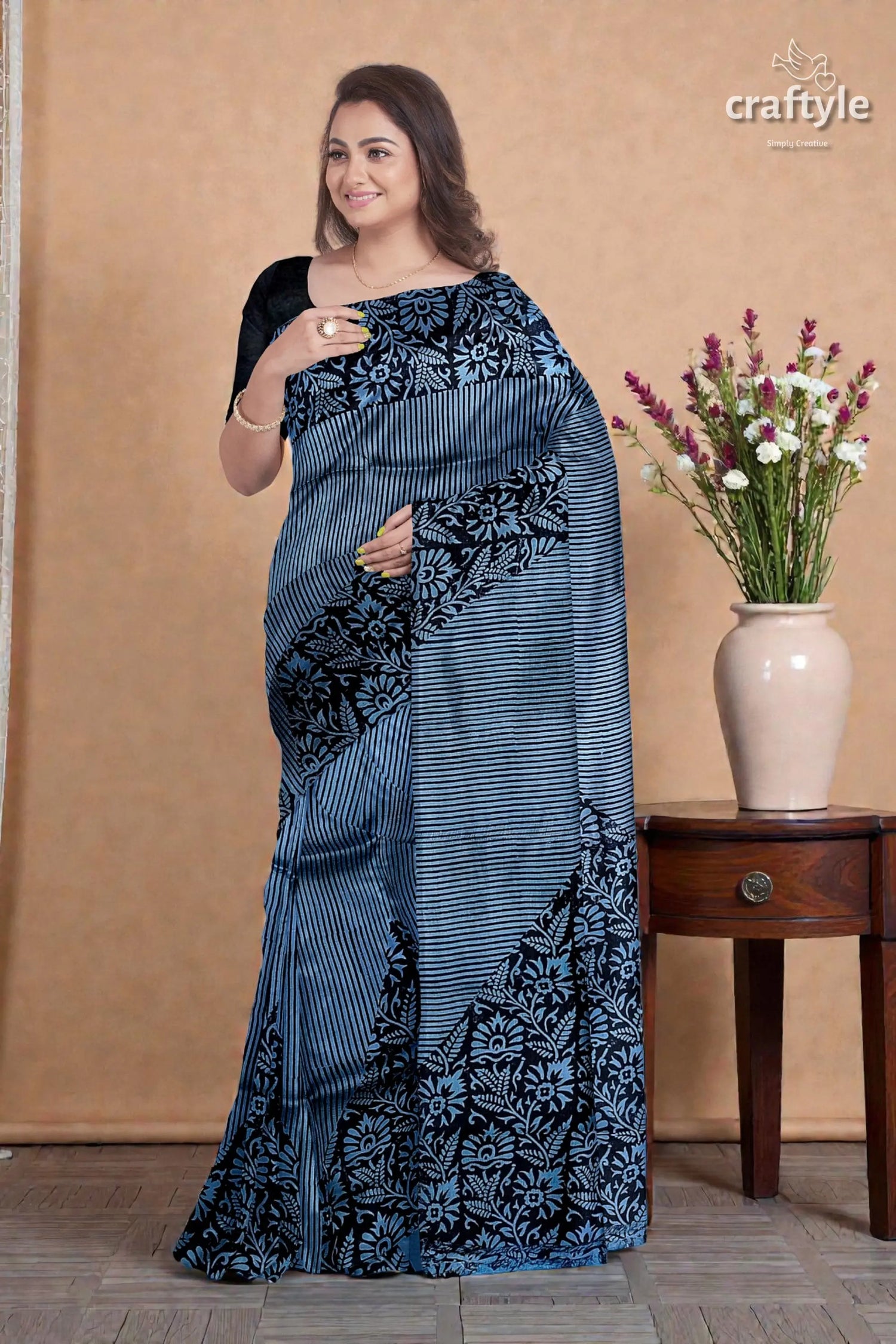 Hand block printed mulberry pure silk saree - silver lake blue 1