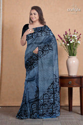 Hand block printed mulberry pure silk saree - silver lake blue 1