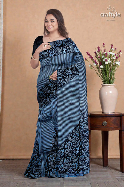 Hand block printed mulberry pure silk saree - silver lake blue 1