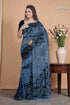 Hand block printed mulberry pure silk saree - silver lake blue 1