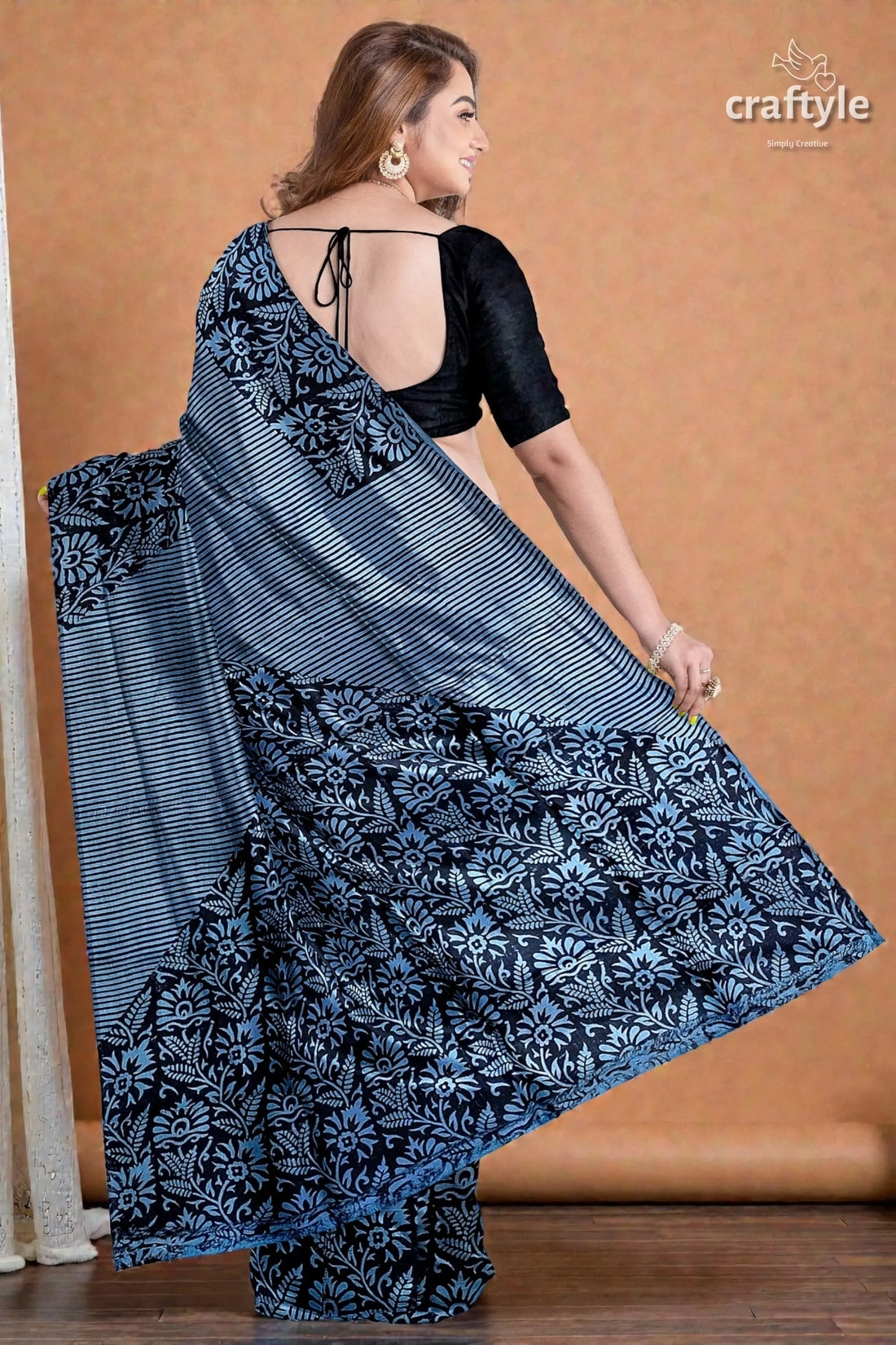 Hand block printed mulberry pure silk saree - silver lake blue 2
