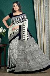 Hand block printed pitch black and white mulberry pure silk saree 2