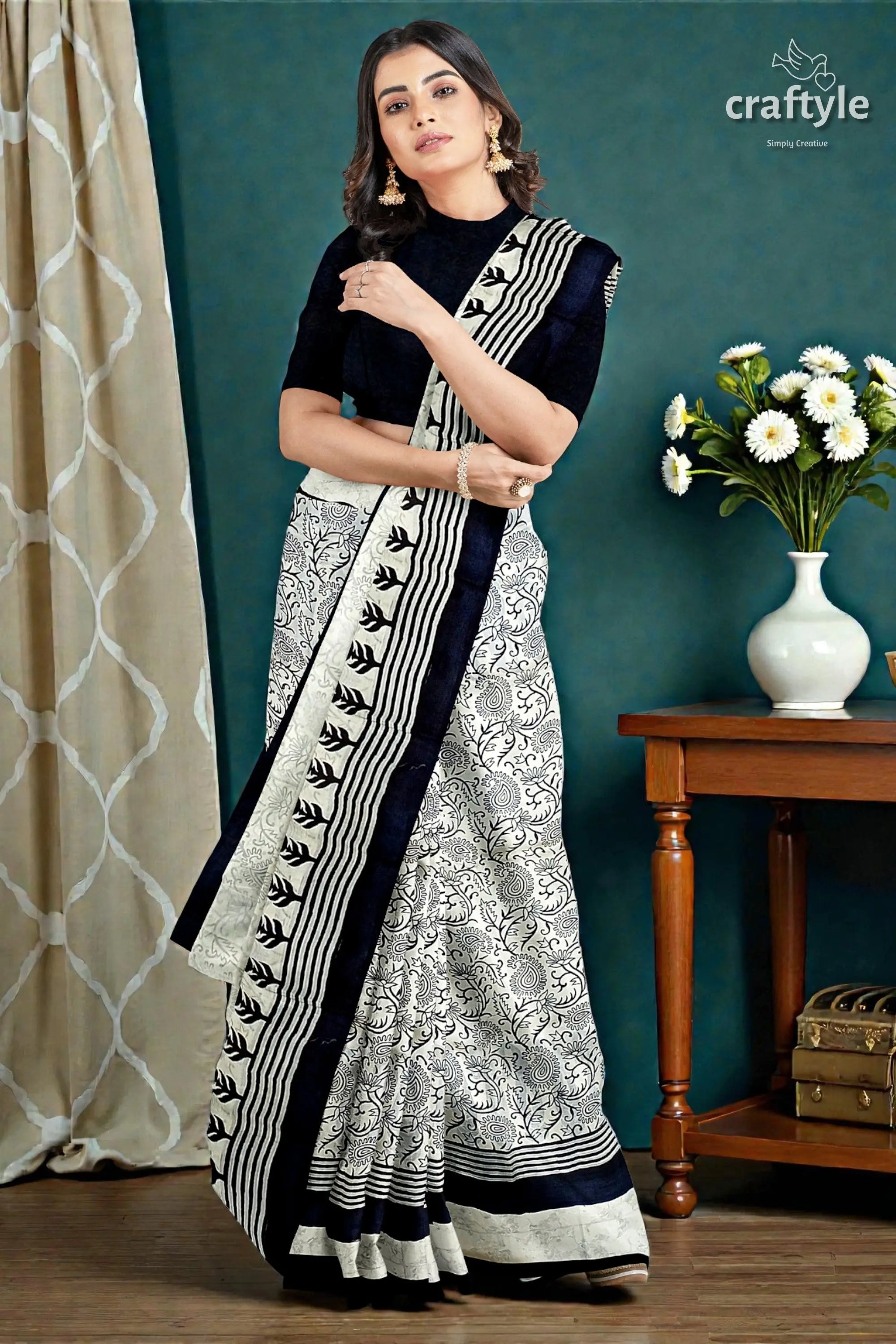 Hand block printed pitch black and white mulberry pure silk saree 4