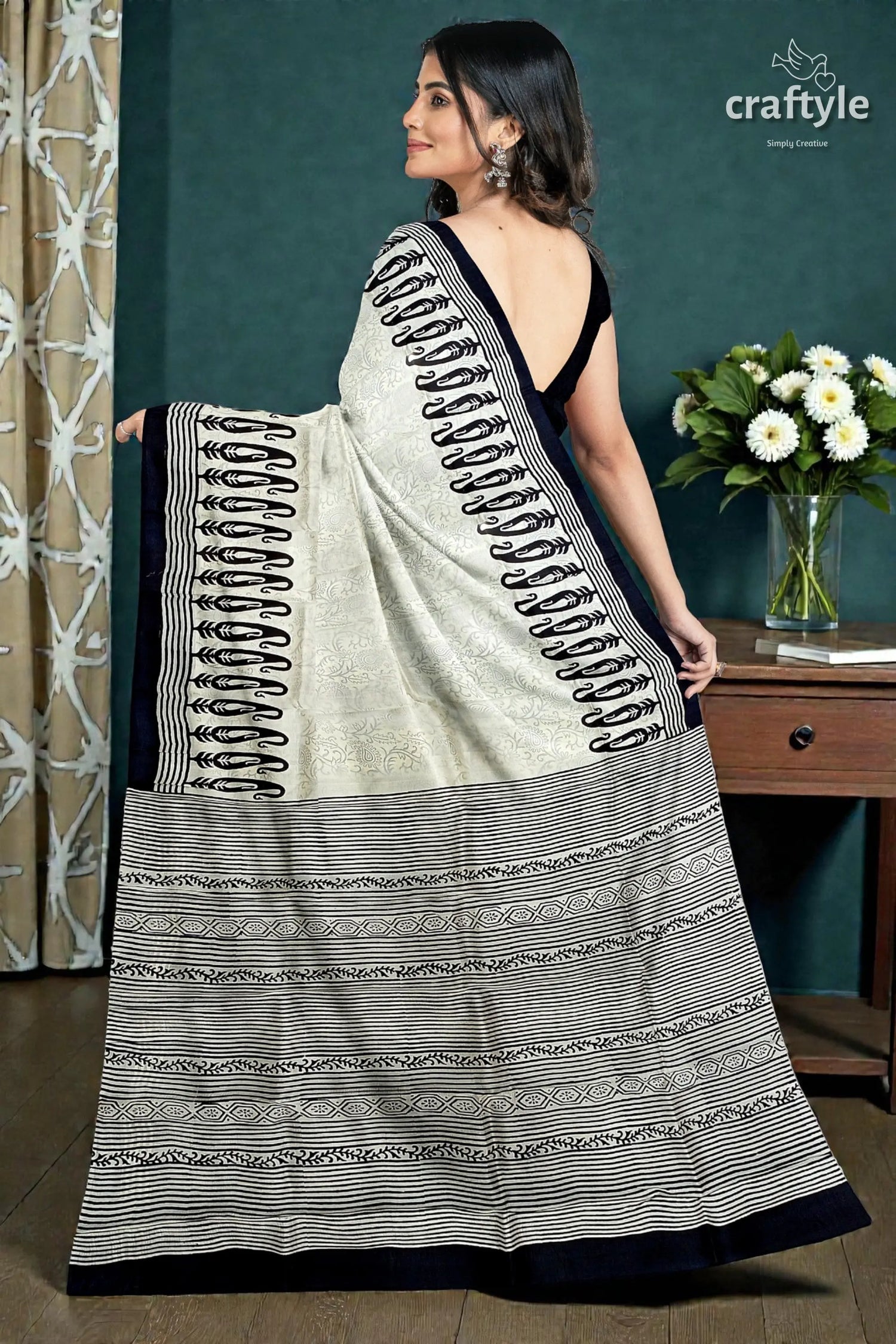 Hand block printed pitch black and white mulberry pure silk saree 5
