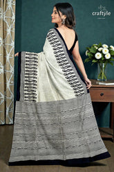 Hand block printed pitch black and white mulberry pure silk saree 5