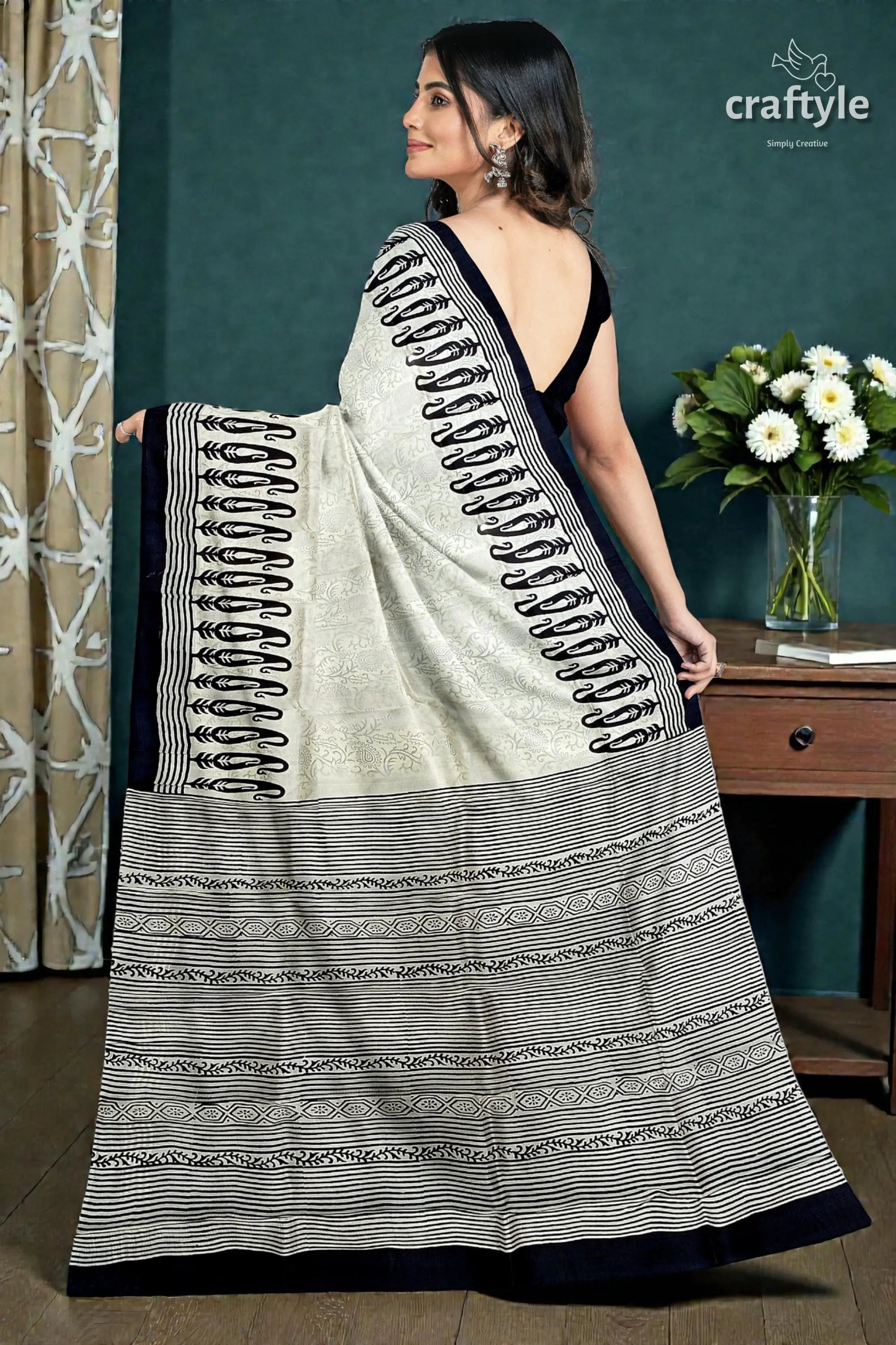 Hand block printed pitch black and white mulberry pure silk saree 5