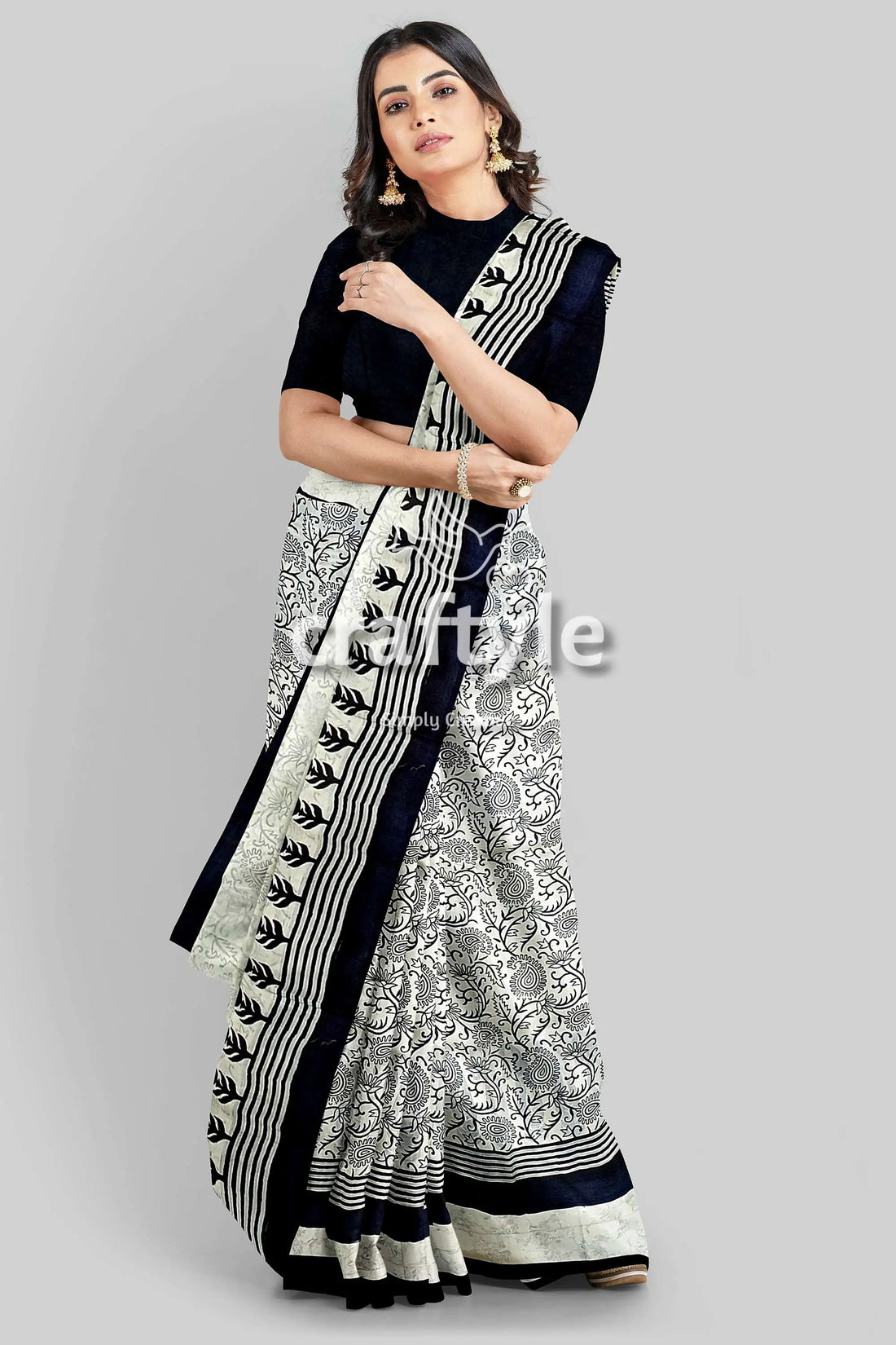 Hand block printed pitch black and white mulberry pure silk saree woman patterned saree 2