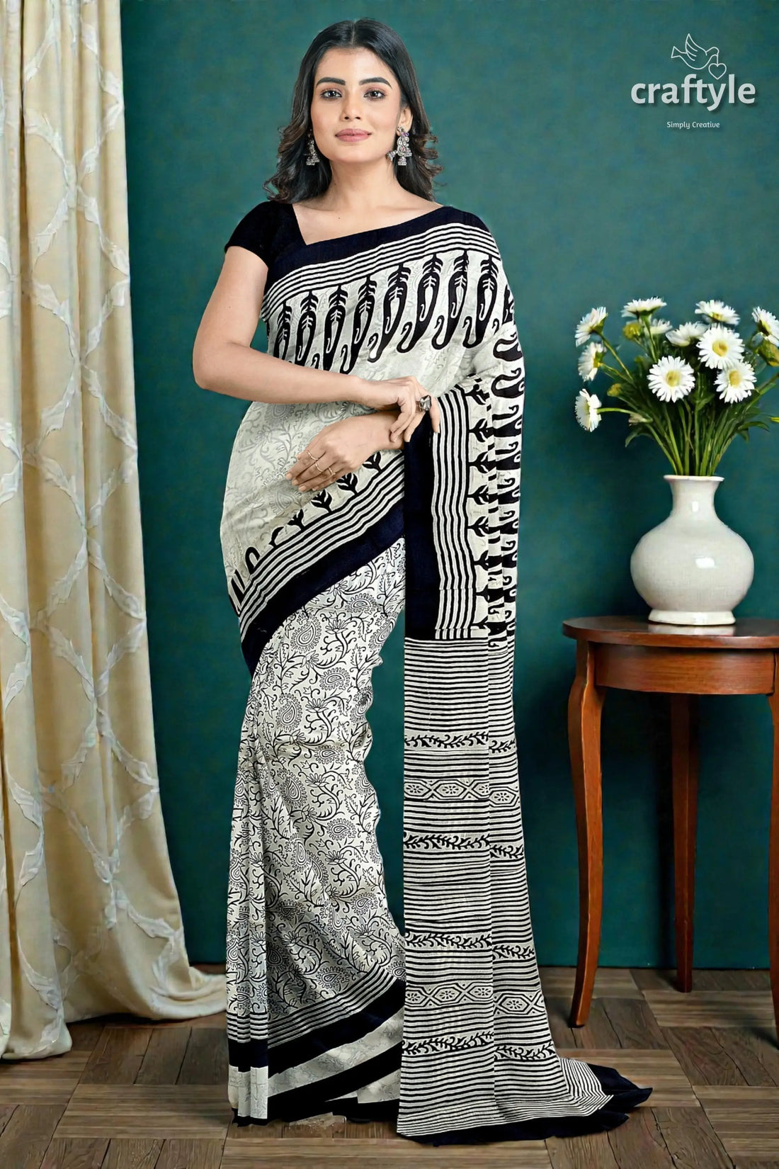 Hand block printed pitch black and white mulberry pure silk saree 1