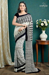 Hand block printed pitch black and white mulberry pure silk saree 1