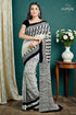 Hand block printed pitch black and white mulberry pure silk saree 1