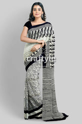 Hand Block Printed Pitch Black and White Mulberry Pure Silk Saree - Craftyle