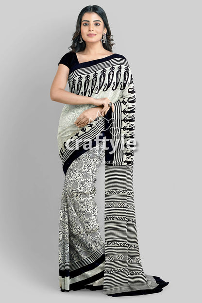 Hand Block Printed Pitch Black and White Mulberry Pure Silk Saree - Craftyle