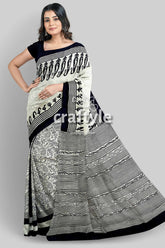 Hand Block Printed Pitch Black and White Mulberry Pure Silk Saree - Craftyle