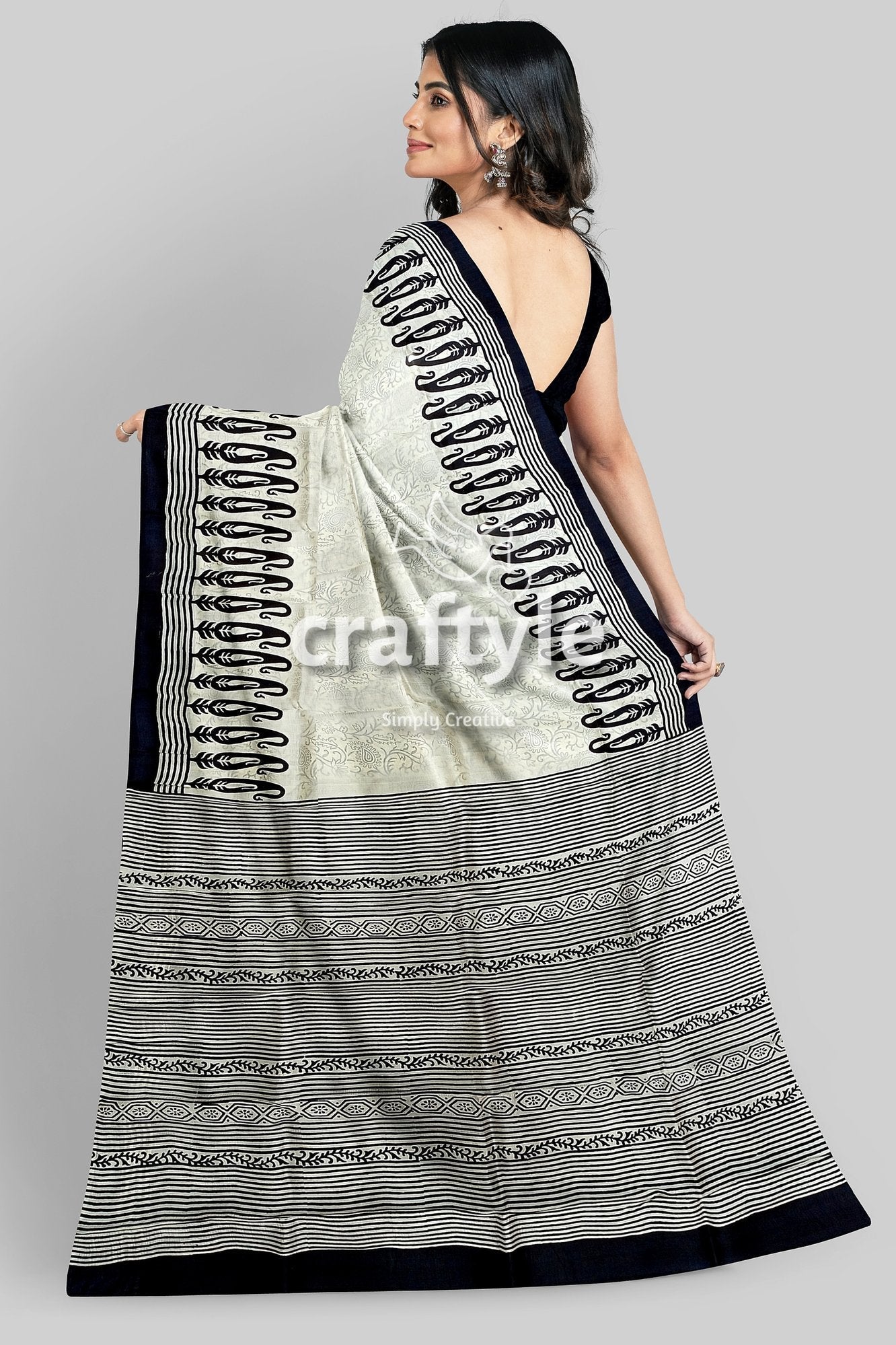 Hand Block Printed Pitch Black and White Mulberry Pure Silk Saree - Craftyle