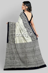 Hand Block Printed Pitch Black and White Mulberry Pure Silk Saree - Craftyle