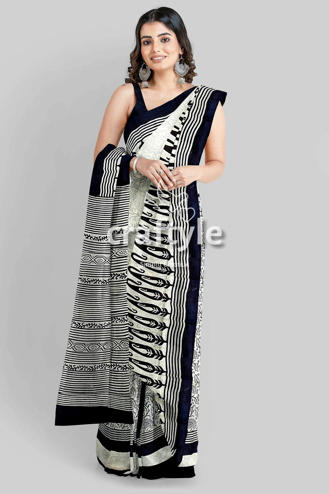Hand Block Printed Pitch Black and White Mulberry Pure Silk Saree - Craftyle