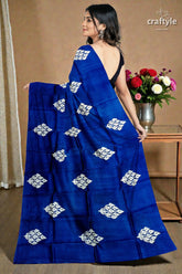 Hand block printed pure mulberry silk saree in denim blue white - indian ethnic wear 5