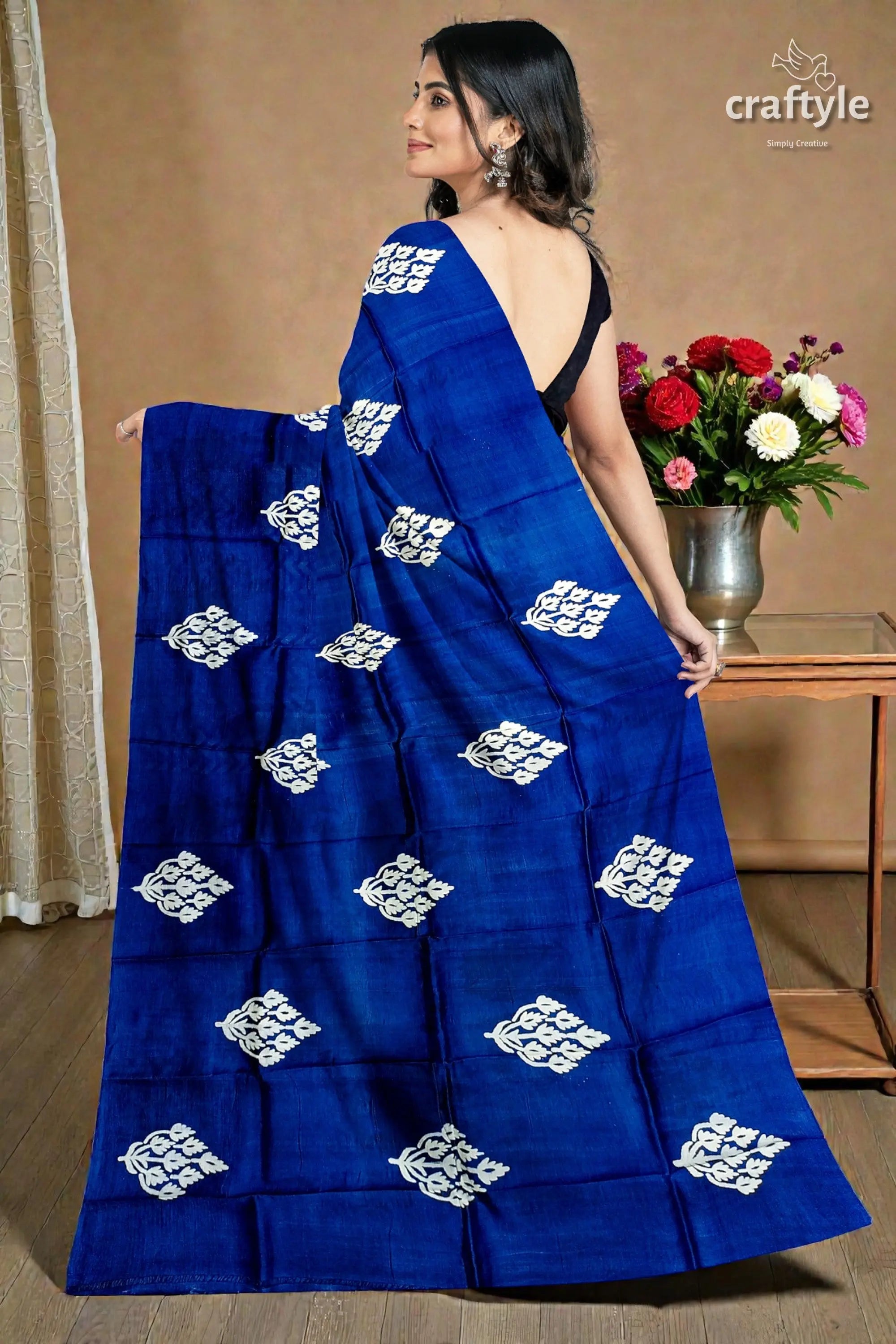 Hand block printed pure mulberry silk saree in denim blue white - indian ethnic wear 5