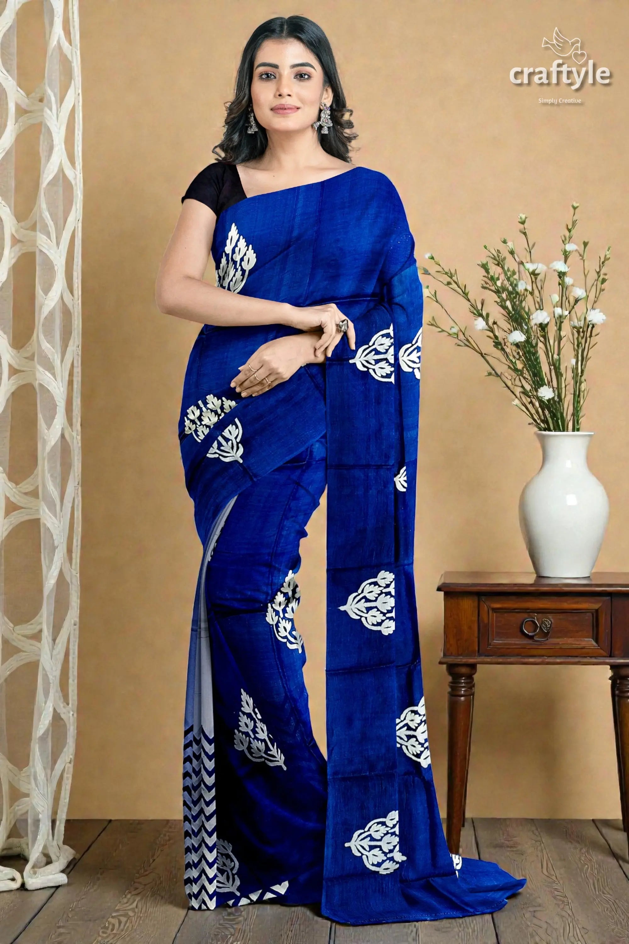 Hand block printed pure mulberry silk saree in denim blue white - indian ethnic wear 3