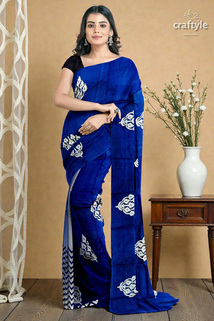 Hand block printed pure mulberry silk saree in denim blue white - indian ethnic wear 3