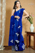 Hand block printed pure mulberry silk saree in denim blue white - indian ethnic wear 1
