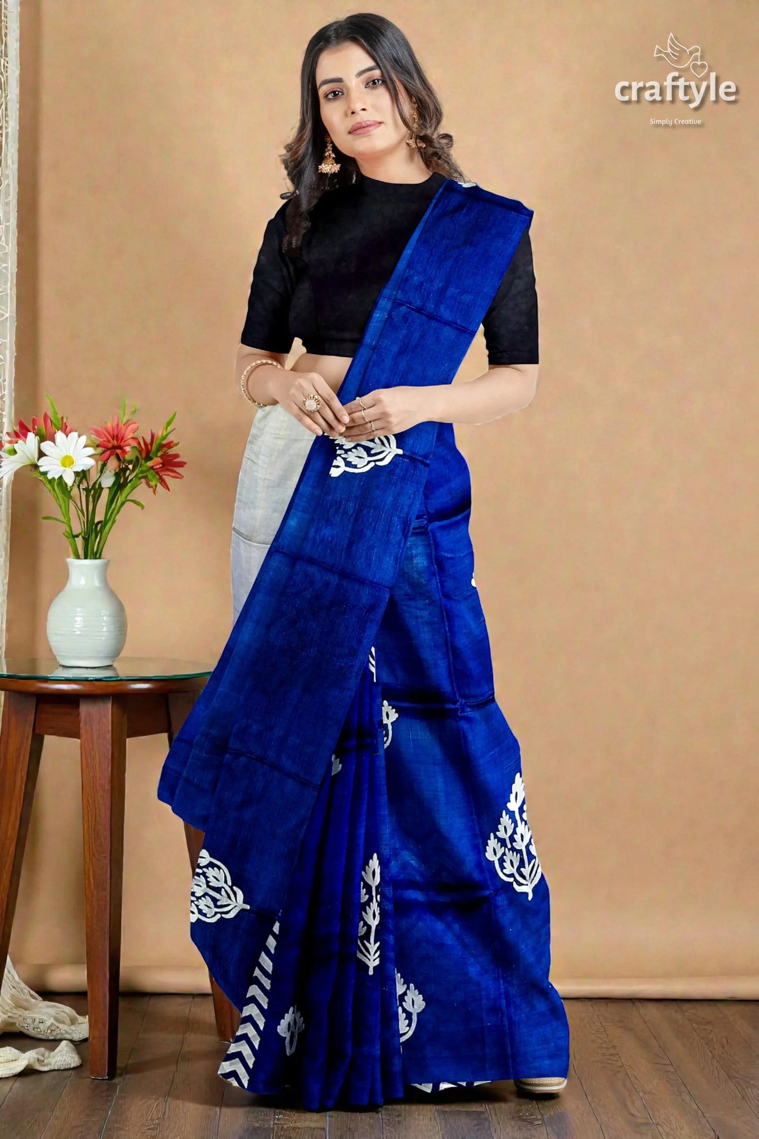 Hand block printed pure mulberry silk saree in denim blue white - indian ethnic wear 6