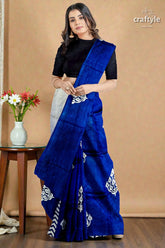 Hand block printed pure mulberry silk saree in denim blue white - indian ethnic wear 6