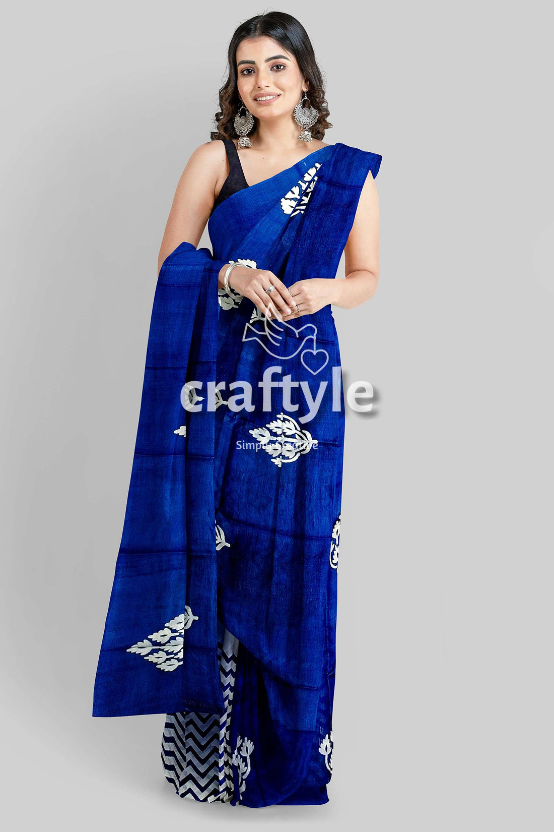 Hand Block Printed Pure Mulberry Silk Saree in Denim Blue White - Indian Ethnic Wear - Craftyle