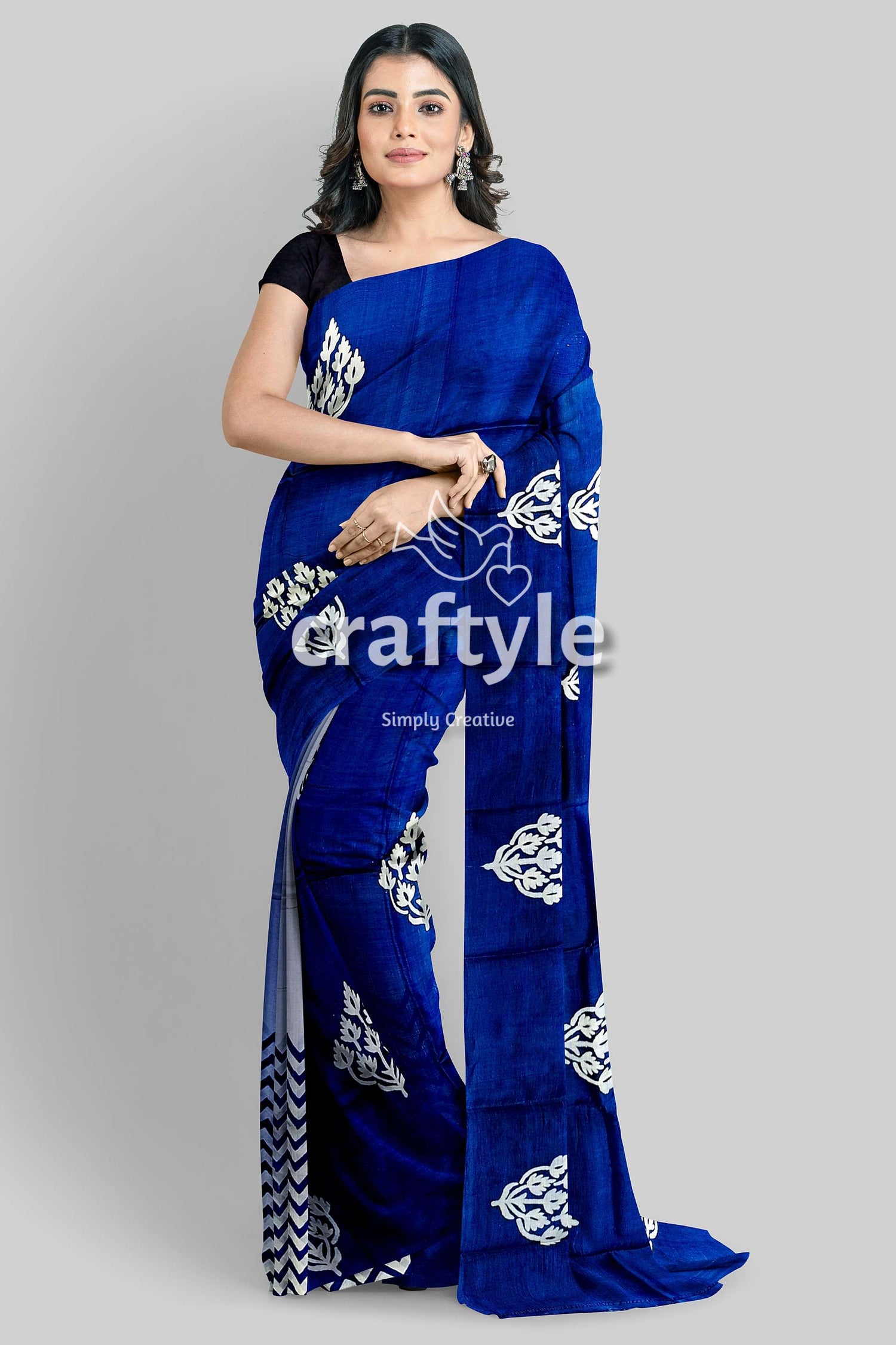 Hand Block Printed Pure Mulberry Silk Saree in Denim Blue White - Indian Ethnic Wear - Craftyle