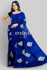 Hand Block Printed Pure Mulberry Silk Saree in Denim Blue White - Indian Ethnic Wear - Craftyle